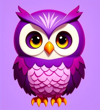 Cute Little Owl – Cartoon of a funny owl with purple, pink and yellow colors. Generative AI