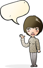 cartoon woman waving with speech bubble