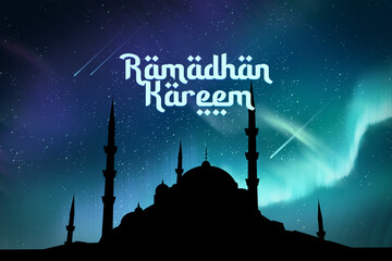 Ramadhan Kareem design for poster banner Masjid Mosque with aurora sky Arabic