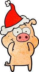 happy textured cartoon of a pig wearing santa hat
