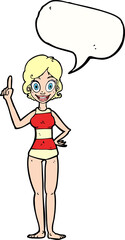 cartoon woman in striped swimsuit with speech bubble