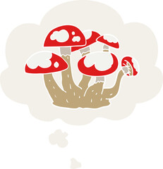 cartoon mushrooms and thought bubble in retro style