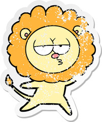 distressed sticker of a cartoon bored lion