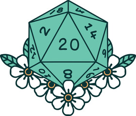 natural 20 D20 dice roll with floral elements illustration
