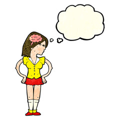 cartoon intelligent woman with thought bubble