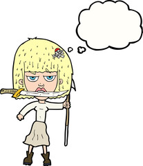 cartoon woman with knife and harpoon with thought bubble