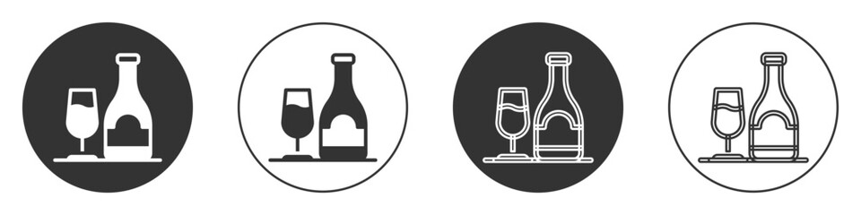 Black Wine bottle with glass icon isolated on white background. Circle button. Vector