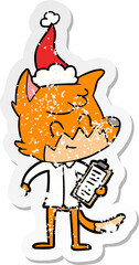 distressed sticker cartoon of a friendly fox manager wearing santa hat