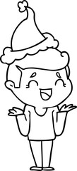 line drawing of a laughing confused man wearing santa hat