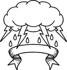 black linework tattoo with banner of a storm cloud