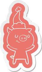 happy cartoon  sticker of a pig wearing santa hat