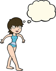 cartoon happy woman in swimming costume with thought bubble