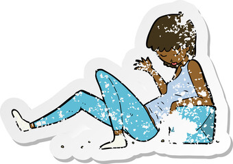 retro distressed sticker of a cartoon woman leaning on package box