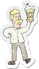 retro distressed sticker of a cartoon man with coffee cups
