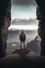 A person standing at the edge of a cliff, looking out over a vast landscape, Generative IA