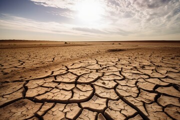 Soil drought cracked landscape with view of the horizon. Dry and dead land due to climate change and global warming. Generative AI