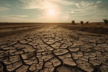 Soil drought cracked landscape with view of the horizon. Dry and dead land due to climate change and global warming. Generative AI