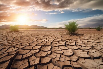 Soil drought cracked landscape with view of the horizon. Dry and dead land due to climate change and global warming. Generative AI