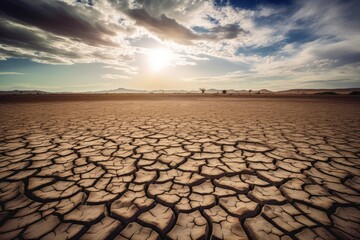 Soil drought cracked landscape with view of the horizon. Dry and dead land due to climate change and global warming. Generative AI