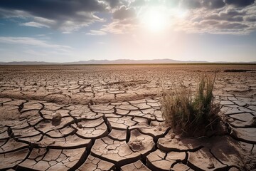 Soil drought cracked landscape with view of the horizon. Dry and dead land due to climate change and global warming. Generative AI