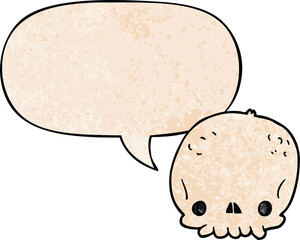 cartoon skull and speech bubble in retro texture style