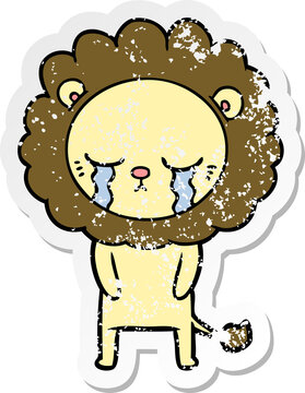 distressed sticker of a crying cartoon lion