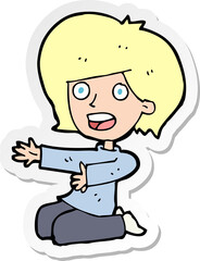 sticker of a cartoon shocked woman on knees