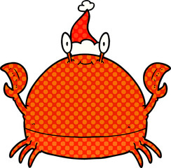 comic book style illustration of a crab wearing santa hat