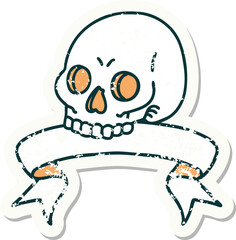 grunge sticker with banner of a skull