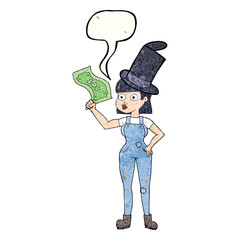 speech bubble textured cartoon woman holding on to money
