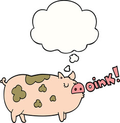 cartoon oinking pig and thought bubble