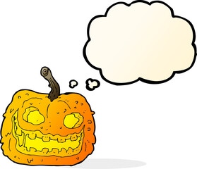 cartoon spooky pumpkin with thought bubble