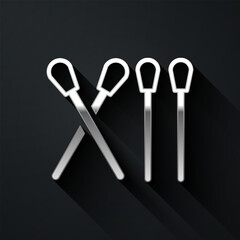 Silver Match stick icon isolated on black background. Match with fire. Matches sign. Long shadow style. Vector