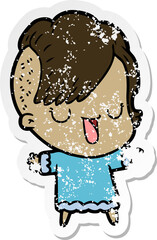 distressed sticker of a cute cartoon girl with hipster haircut