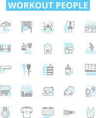 Workout people vector line icons set. Exercisers, Athletes, Gym-goers, Runners, Bodybuilders, Lifters, Crossfitters illustration outline concept symbols and signs