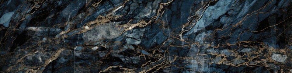 Navy Marble Stone Texture  Panoramic Banner. Generative AI