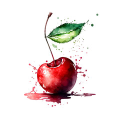 cherry in watercolor splash created by using generative artificial intelligence tools.