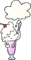 cartoon ice cream soda girl and thought bubble in smooth gradient style
