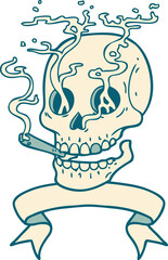 tattoo with banner of a skull smoking
