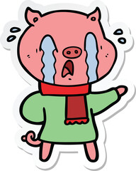 sticker of a crying pig cartoon wearing human clothes