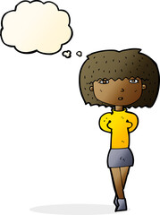 cartoon shy woman with thought bubble