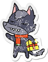 distressed sticker of a angry christmas wolf cartoon