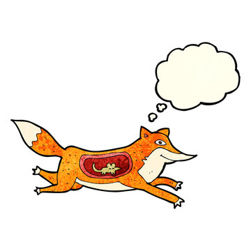 cartoon fox with mouse in belly with thought bubble