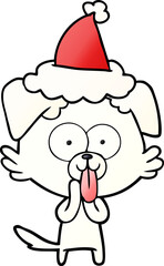 gradient cartoon of a dog with tongue sticking out wearing santa hat