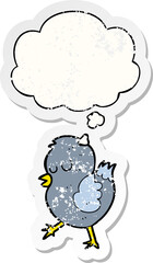 cartoon bird and thought bubble as a distressed worn sticker