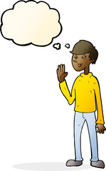 cartoon waving man with thought bubble