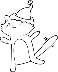 line drawing of a dancing cat wearing santa hat