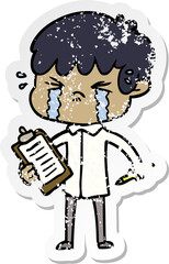 distressed sticker of a cartoon boy crying