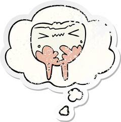 cartoon bad tooth and thought bubble as a distressed worn sticker