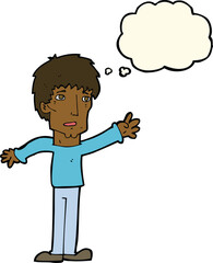 cartoon worried man reaching out with thought bubble